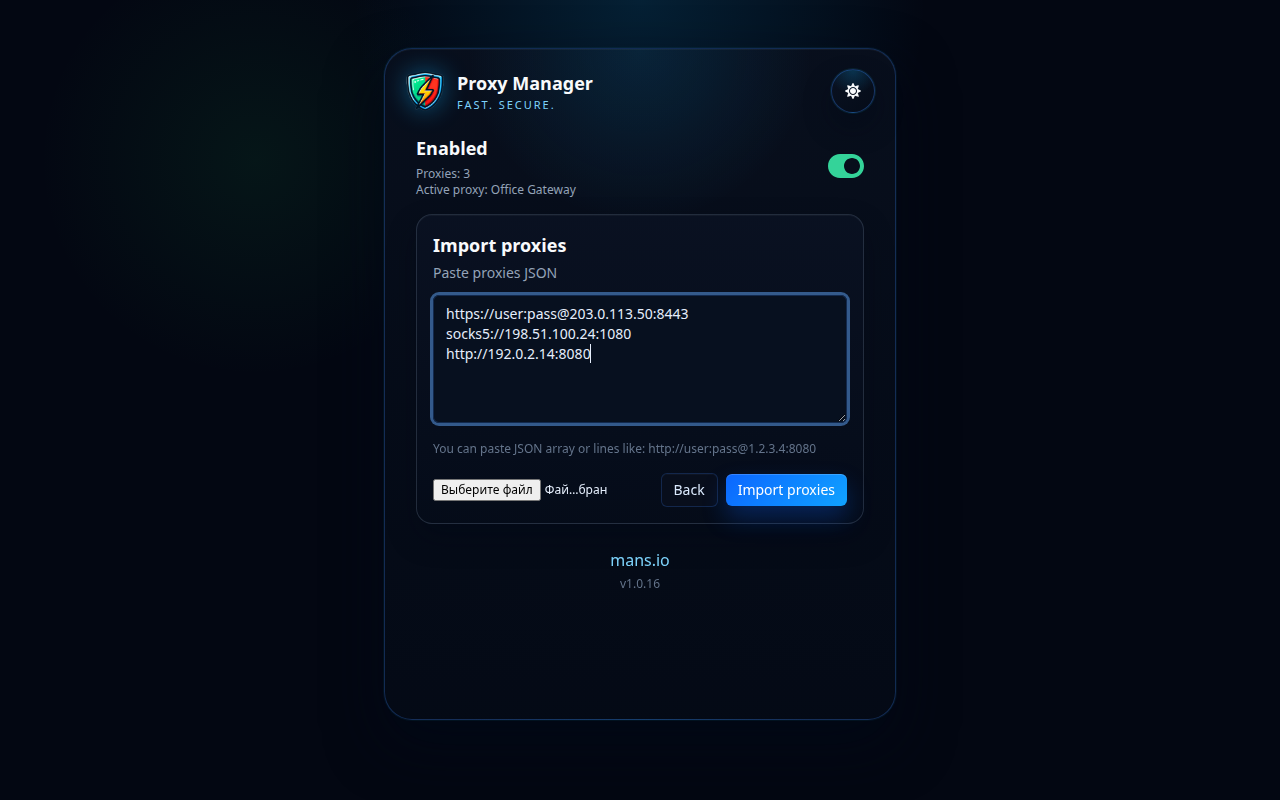 Importbildschirm des Proxy-Managers